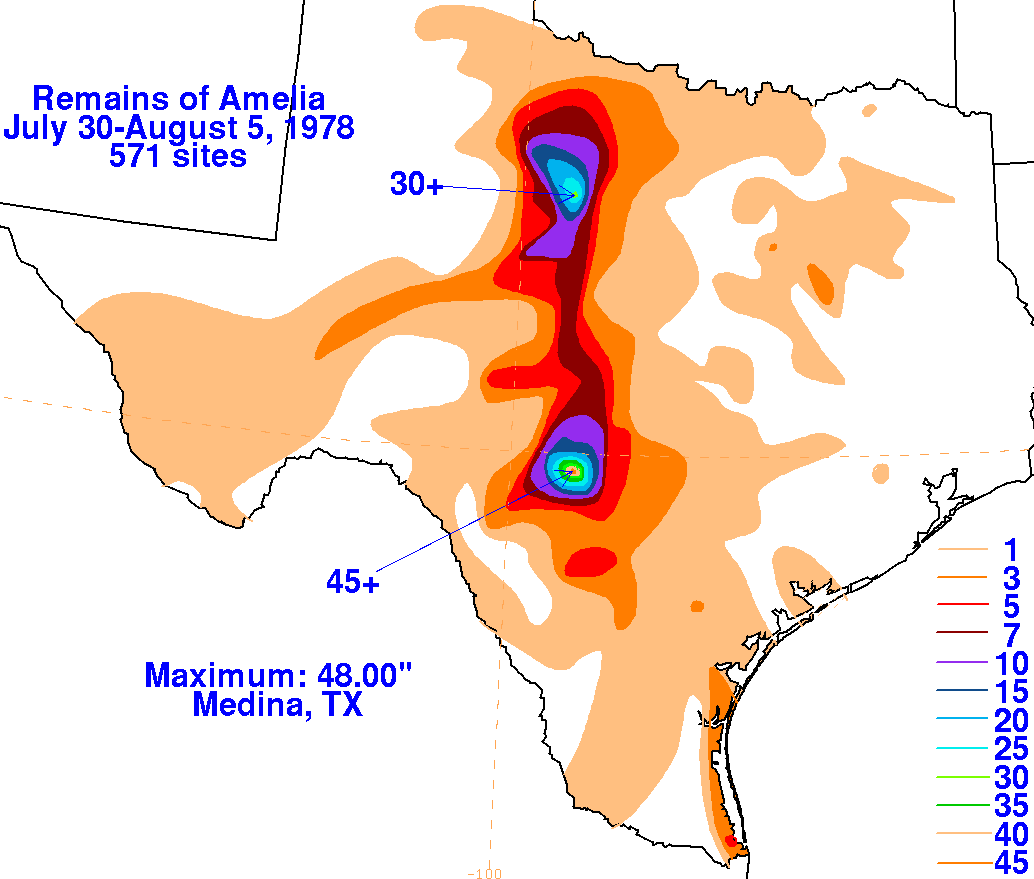 Rainfall totals from the remains of Tropical Storm Amelia. Source: WPC.