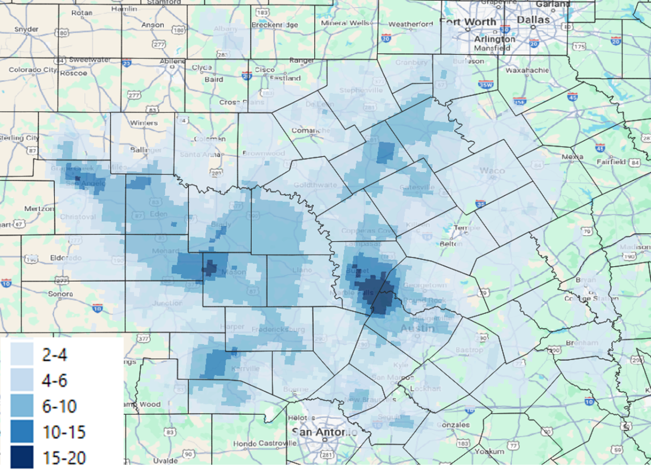4-day estimated total precipitation, July 4-7. Legend in inches. Source: National Water Prediction Center and Guy Carpenter.
