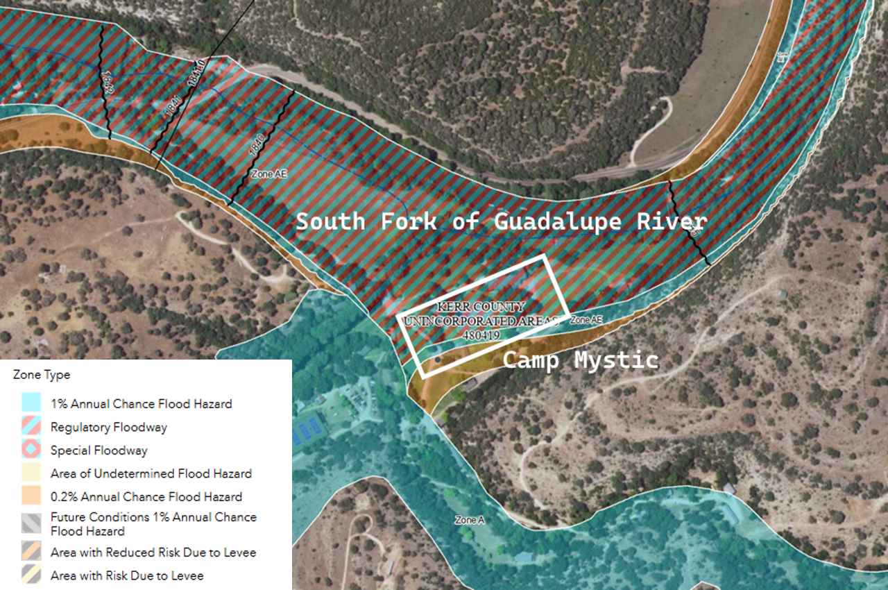 FEMA regulatory flood zones around Camp Mystic, an area especially hard hit by the flooding. Source: FEMA, ArcGIS.