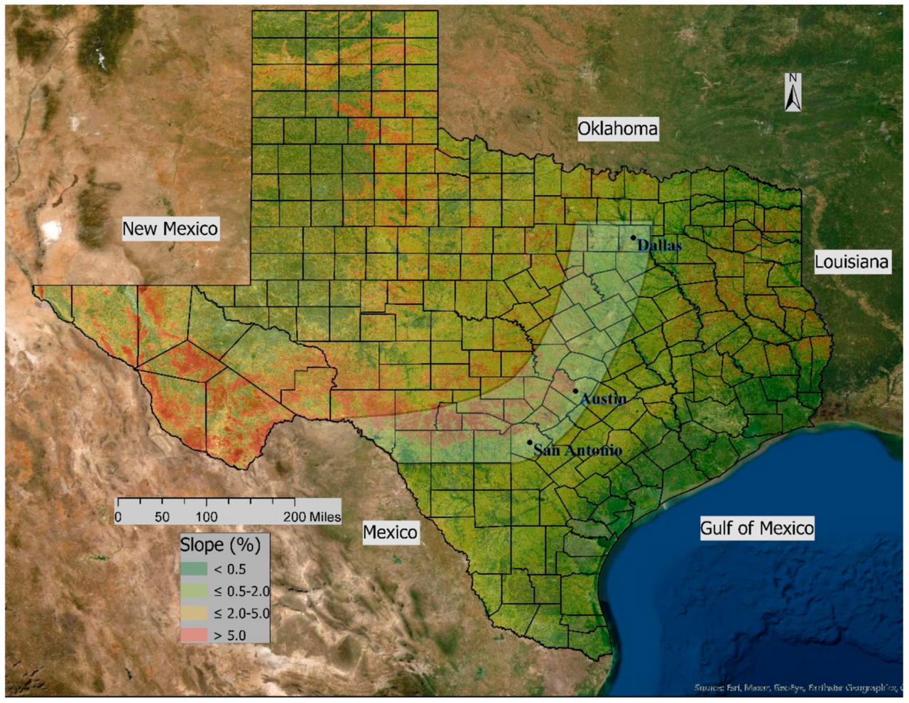 Flash Flood Alley in Texas (light green crescent). Source: GIS Application: Flood Risk Management, 2020.