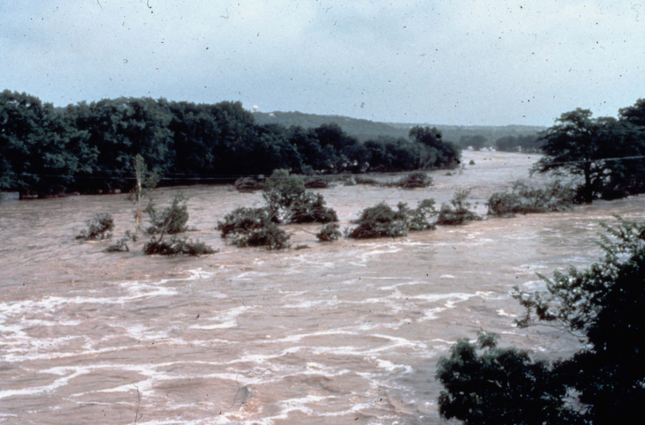 NWS survey picture of the Guadalupe River in flood on July 17, 1987. 