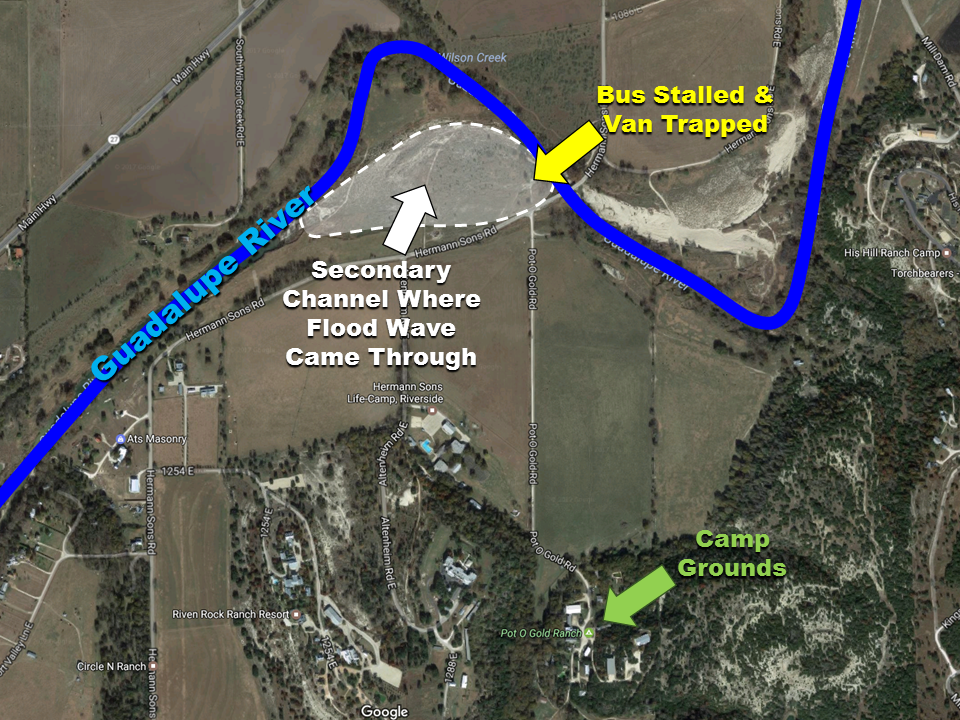 Map of campgrounds and location where bus stalled and van became trapped. Source: NWS Austin/San Antonio.